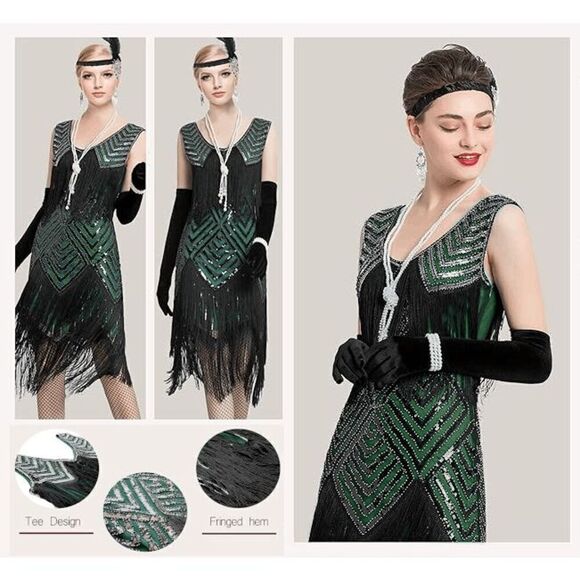 ✨💚 Flapper Great Gatsby 1920s Retro Tassel Fringe Sequin Green Dress XL NEW - Picture 8 of 17